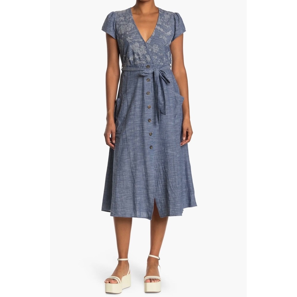 Lovestitch Blue Cotton Embroidered Button Front Midi Dress Medium I-71744W-QYP